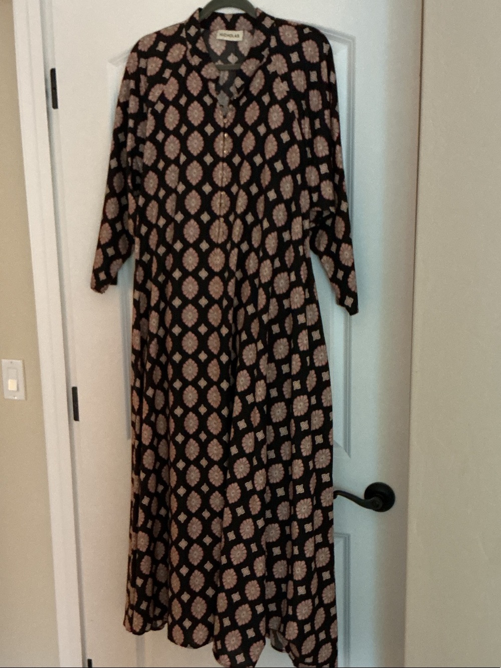 NICHOLAS Cotton/Silk Black Maxi Dress with Rust Colored Print - Pockets